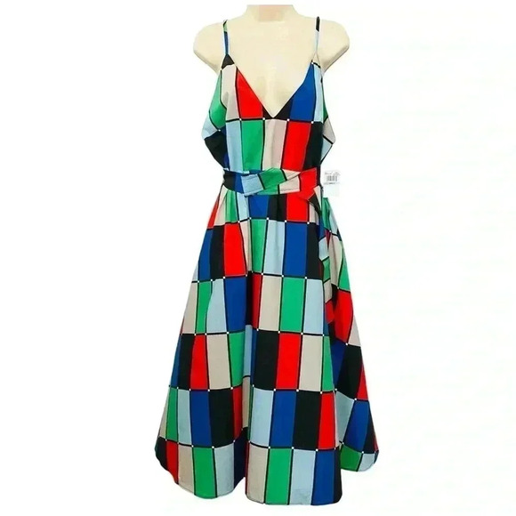 Matthew Bruch NWT Patchwork Midi Dress Belted Fit & Flare - Picture 6 of 14